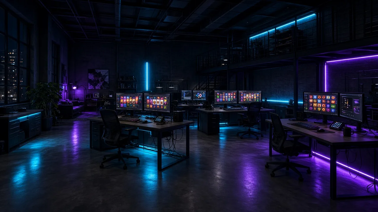 Boutique game studio floor at night with cyan and purple light and slot reels on monitors