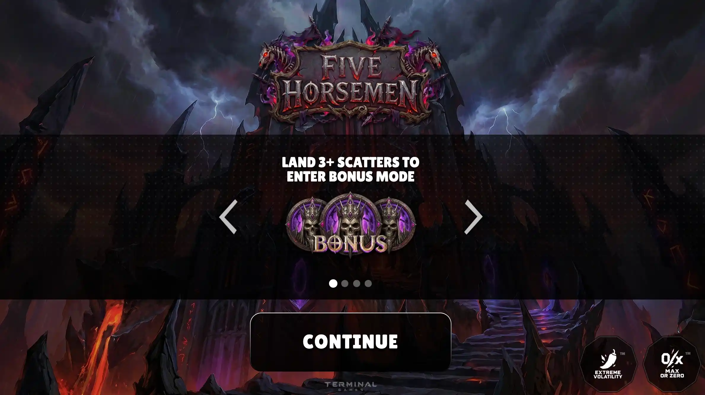 Five Horsemen splash: gothic title over a ruined castle and three bonus skulls