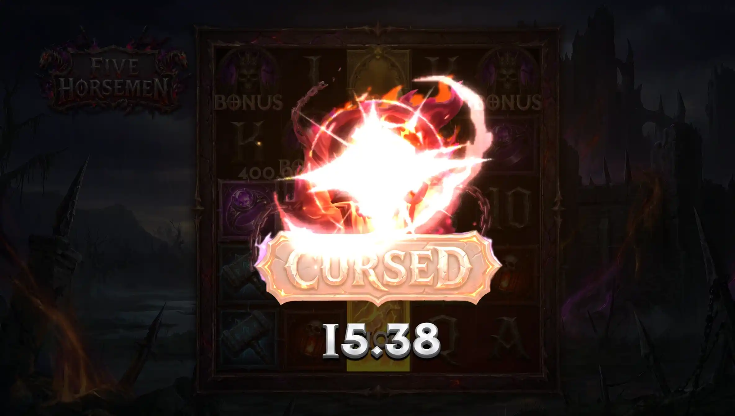Five Horsemen Cursed win overlay with a flaming bird burst over the apocalypse 5x5