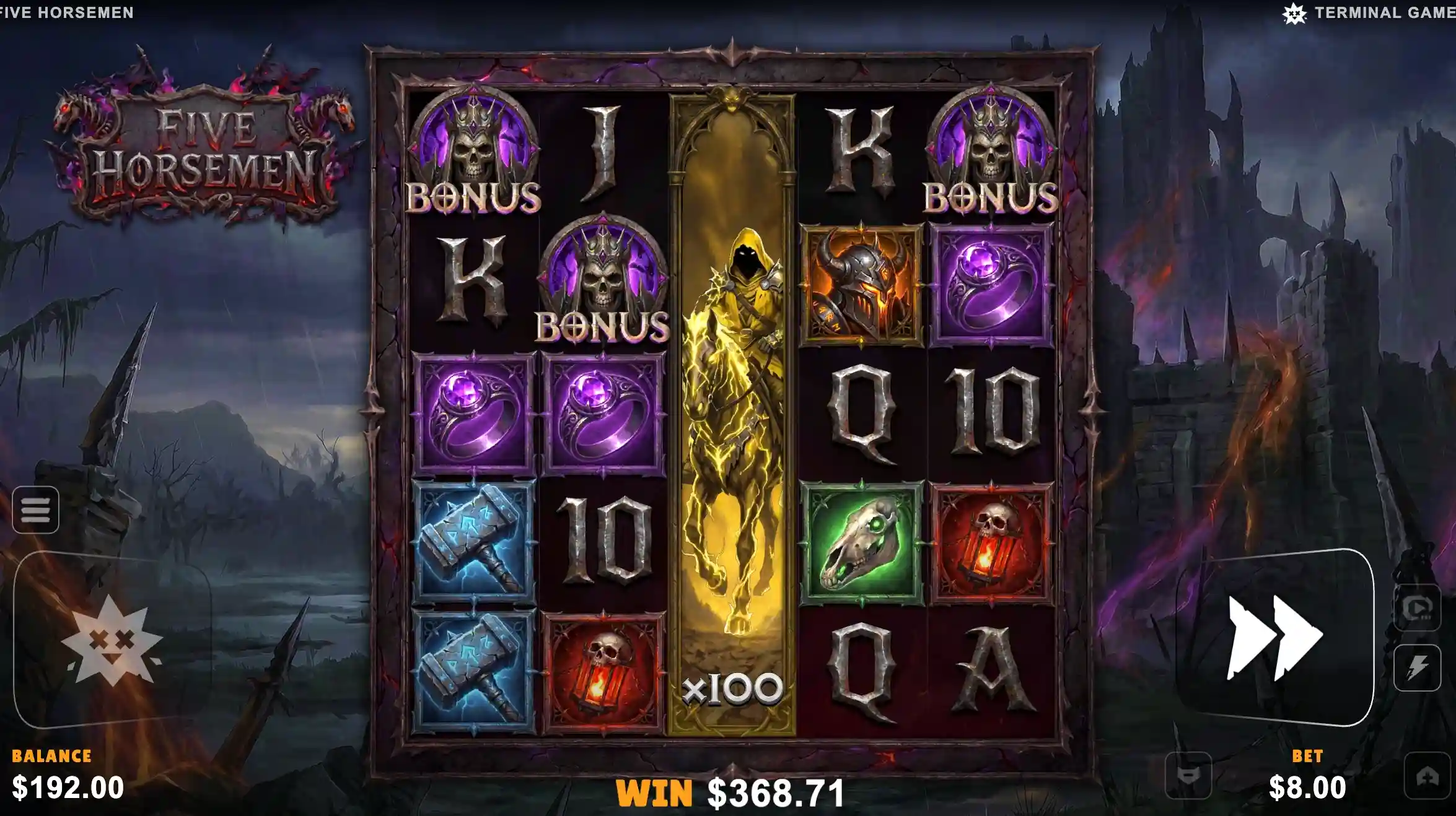 Five Horsemen 5x5 with a gold 100x horseman wild, three bonus skulls and a 368.71 win