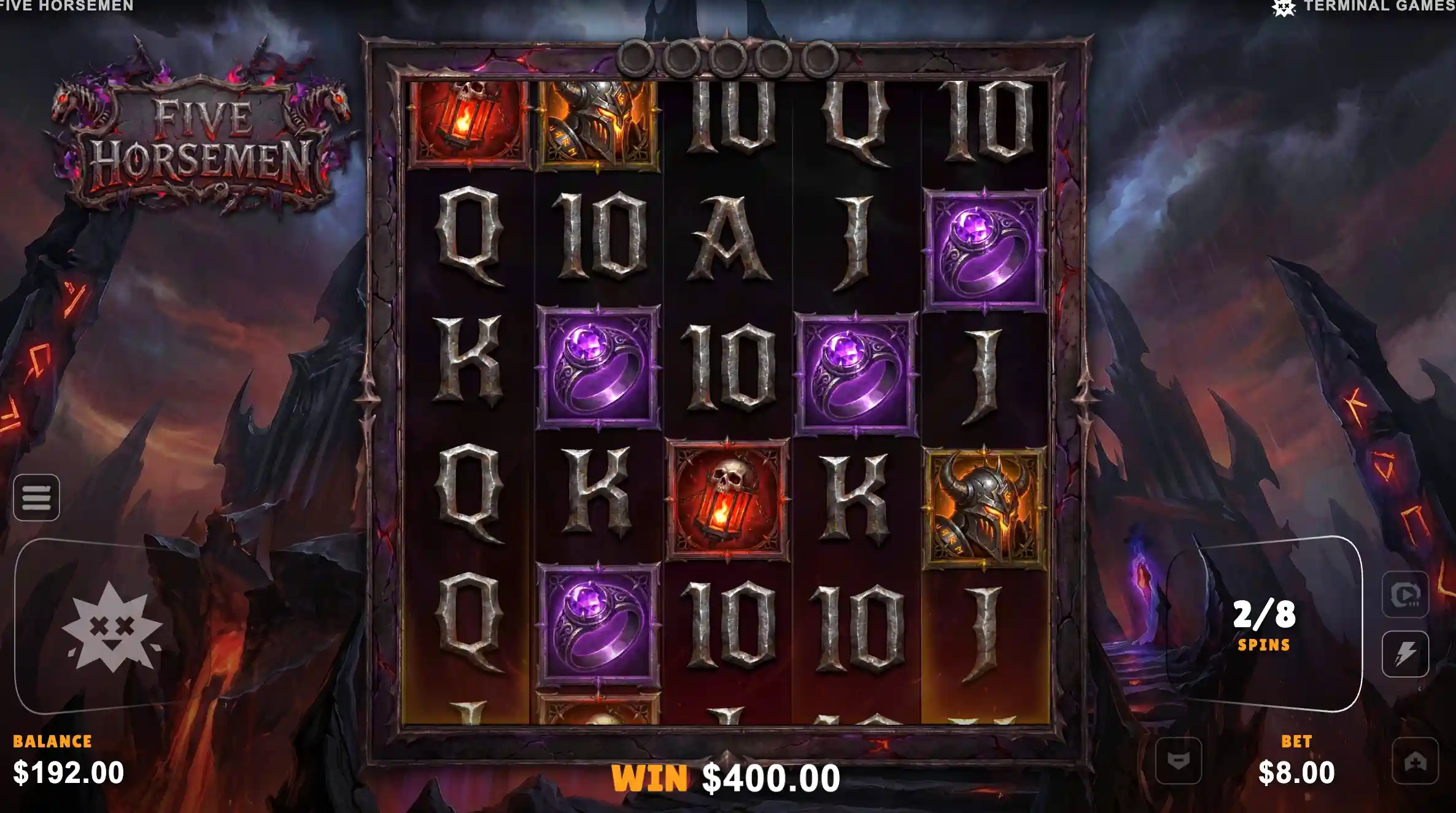 Five Horsemen bonus 2 of 8 with purple rings, skulls and a 400.00 win on the 5x5