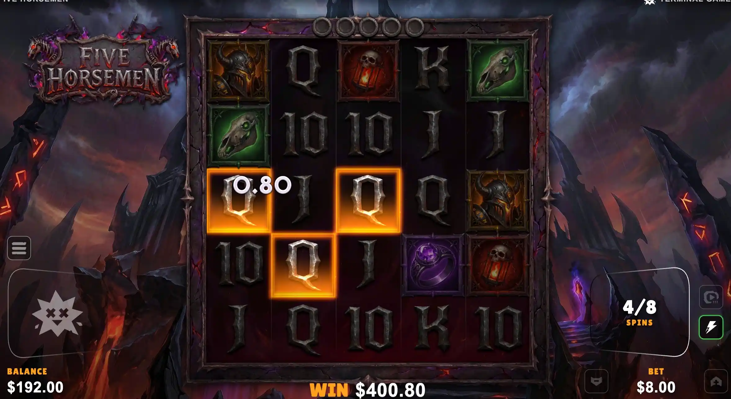 Five Horsemen bonus 4 of 8 with a highlighted queen cluster paying 0.80