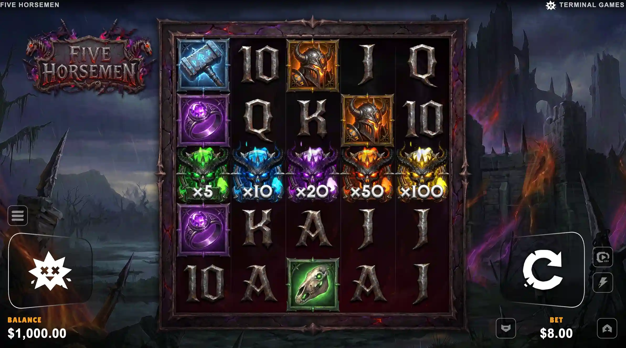 Five Horsemen slot 5x5 with green 5x, blue 10x, purple 20x, red 50x and gold 100x horsemen in one row