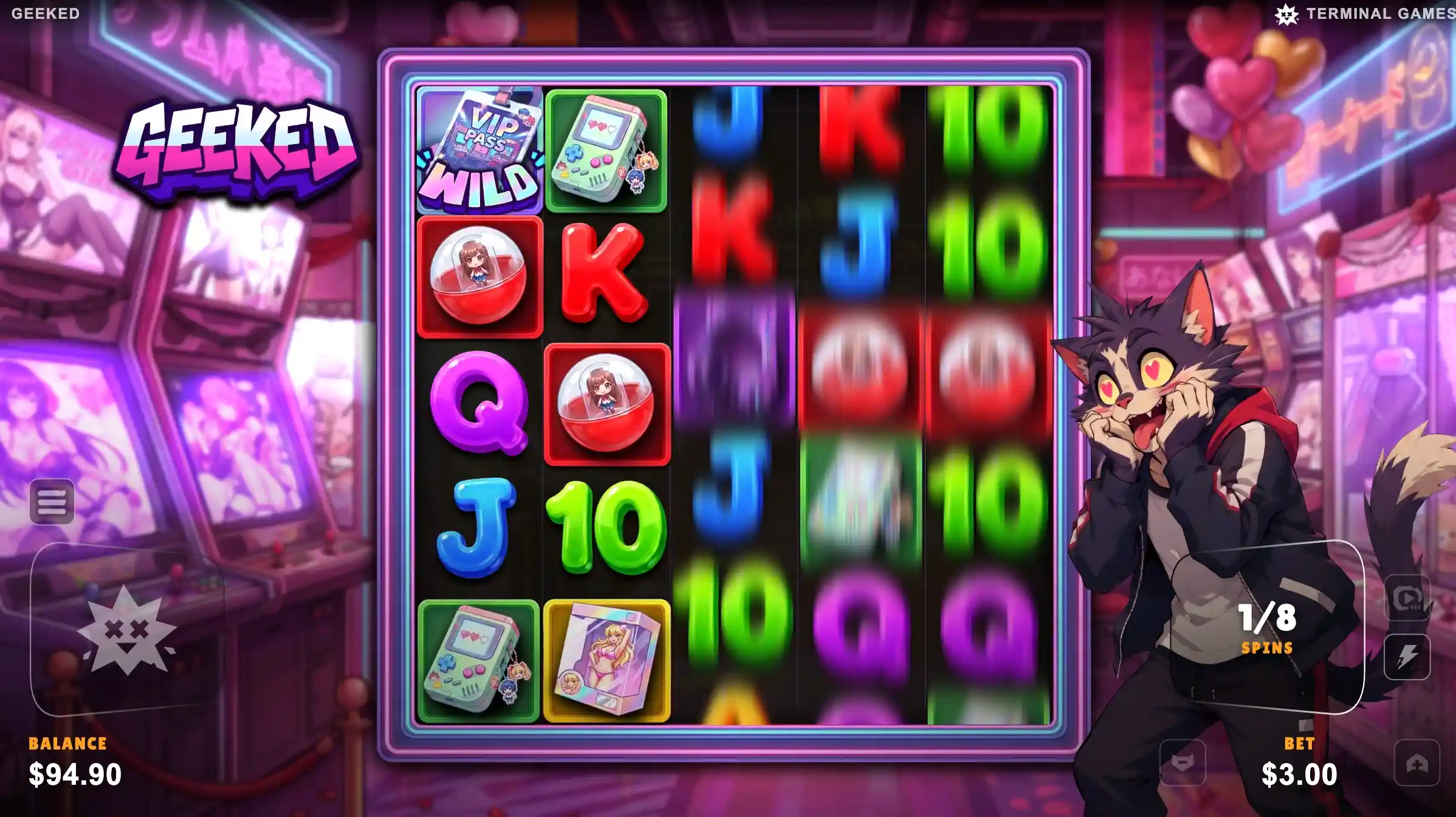 Geeked Super Spins 1 of 8 with a VIP Pass wild, gashapon and handheld symbols on the neon 5x5