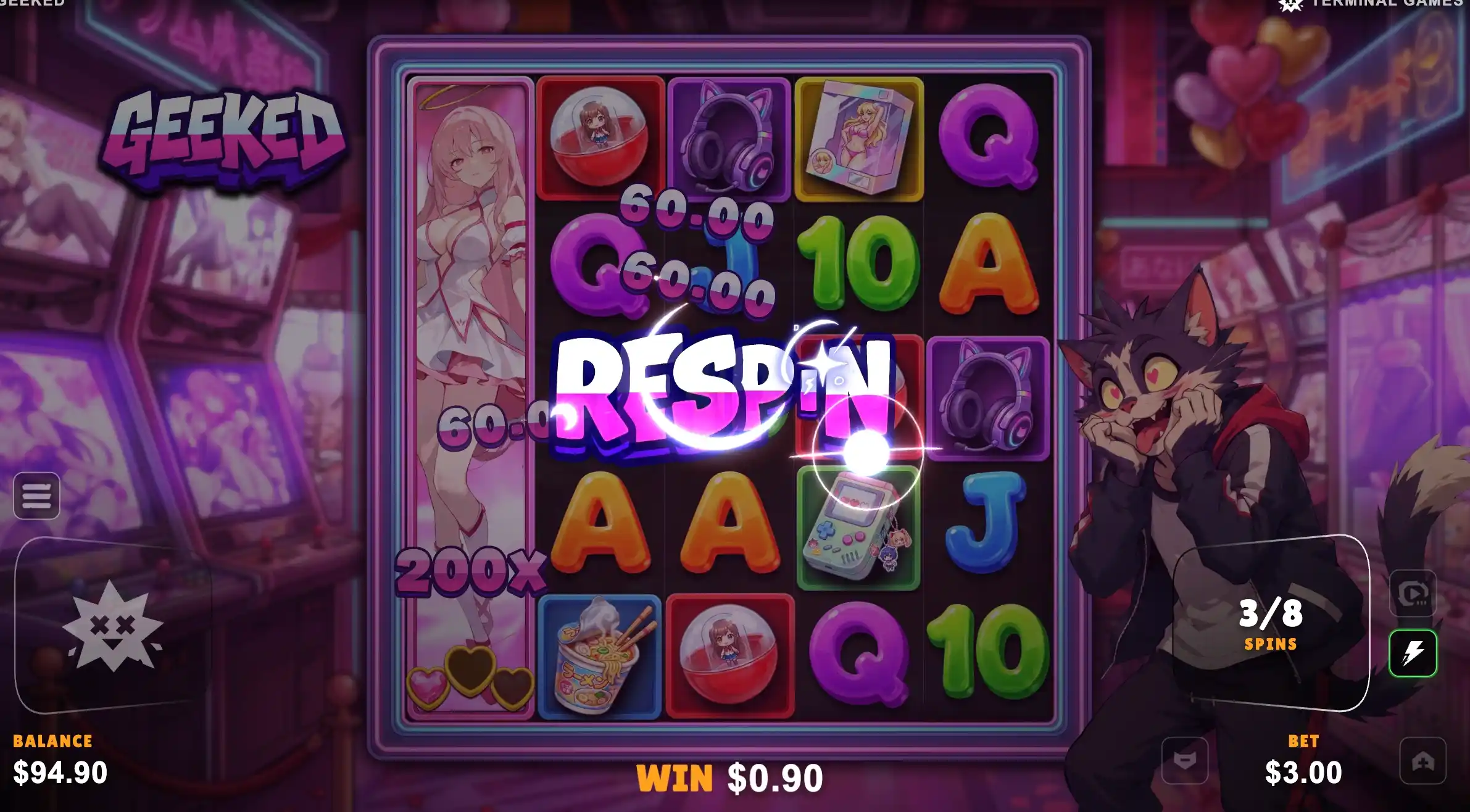 Geeked Super Spins respin with a 200x expanding wild covering a reel on the arcade 5x5