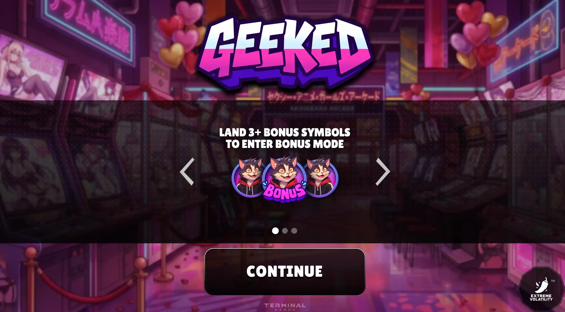 Geeked splash: bonus cat symbols and land 3+ bonus symbols to enter bonus mode