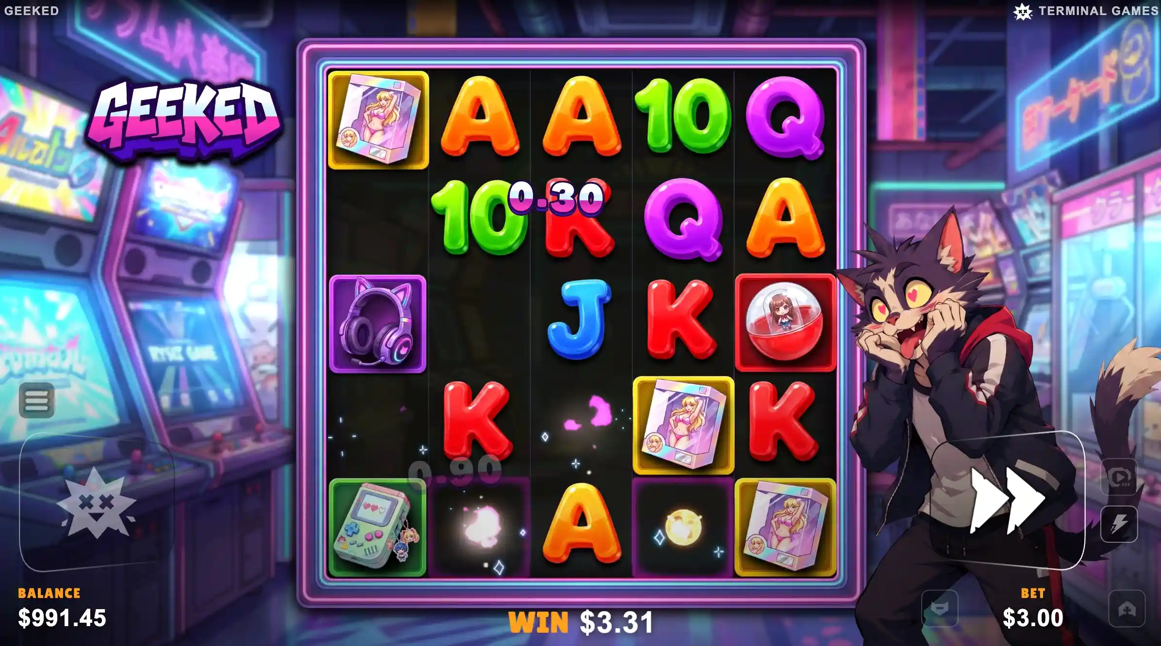 Geeked base-game win with gashapon, headphones and a 0.30 line hit on the arcade 5x5