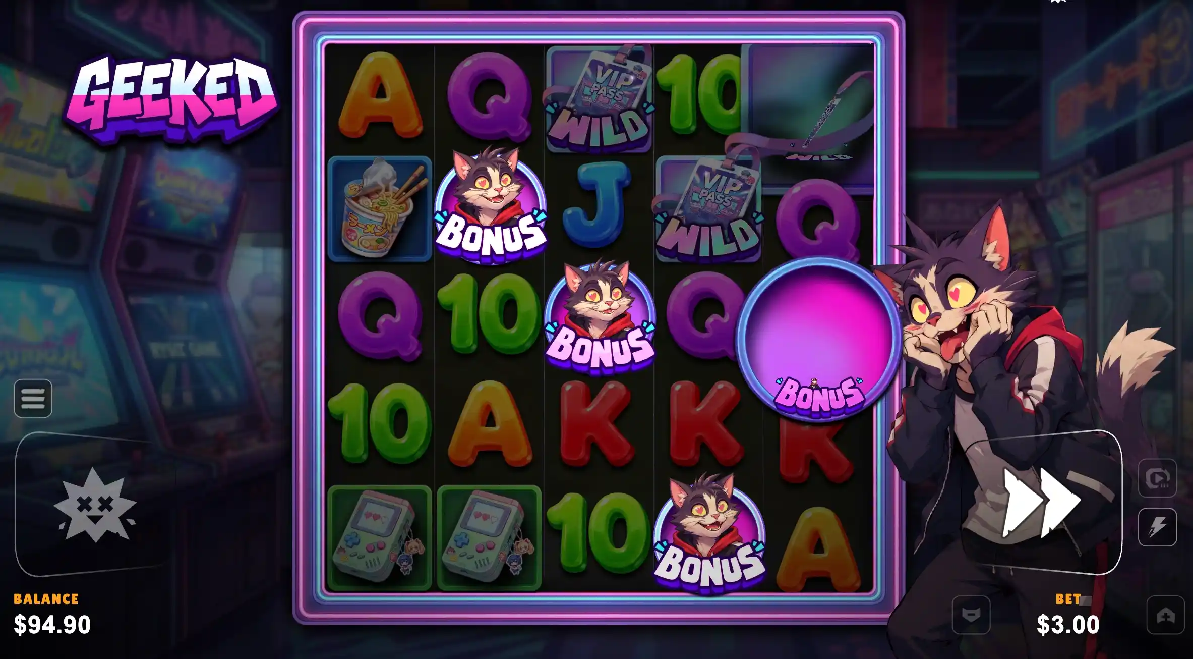 Geeked 5x5 with three bonus cats, two VIP Pass wilds and a pink bonus orb