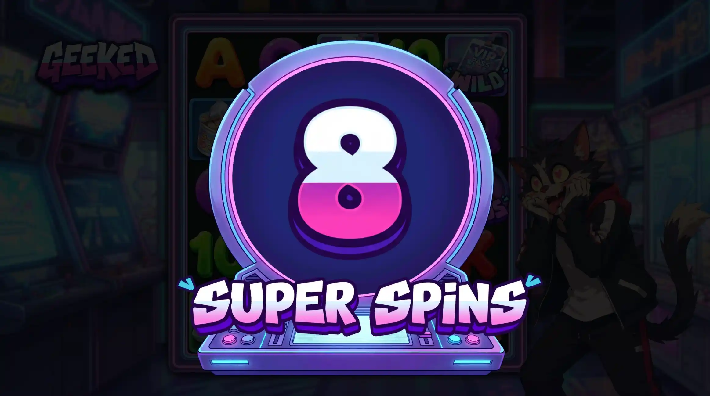 Geeked Super Spins overlay: round 8 of 8 on a neon handheld badge