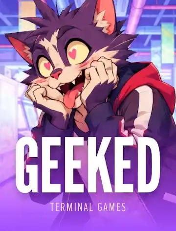 Geeked slot cover art: heart-eyed fanboy cat in a red hoodie, Terminal Games