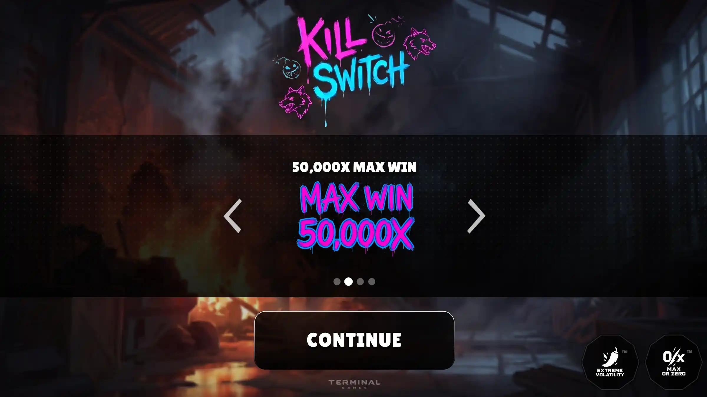 Kill Switch splash: neon graffiti title, 50,000x max win, warehouse fire