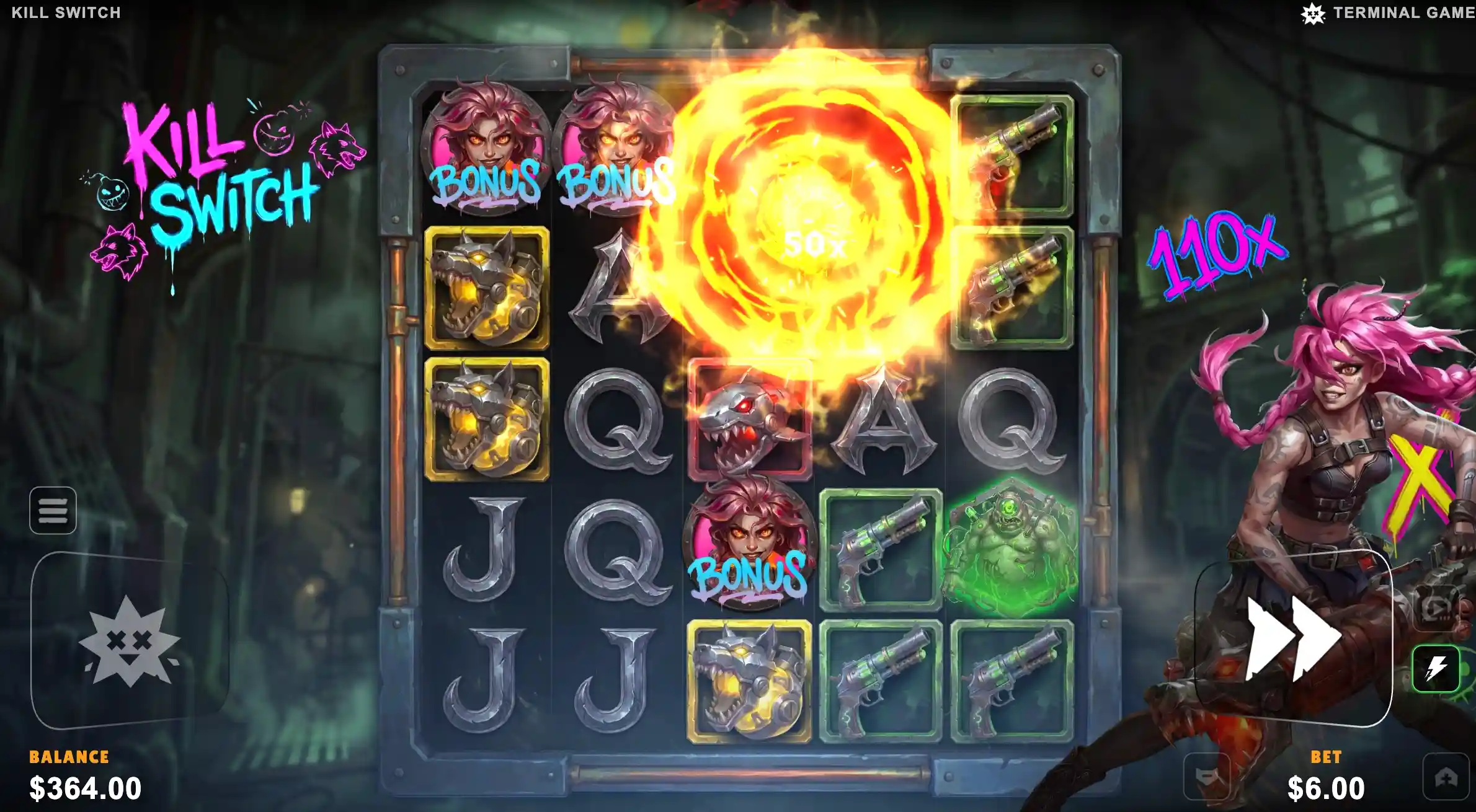 Kill Switch 5x5 with a 50x rocket burst, three bonus portraits and a 110x meter