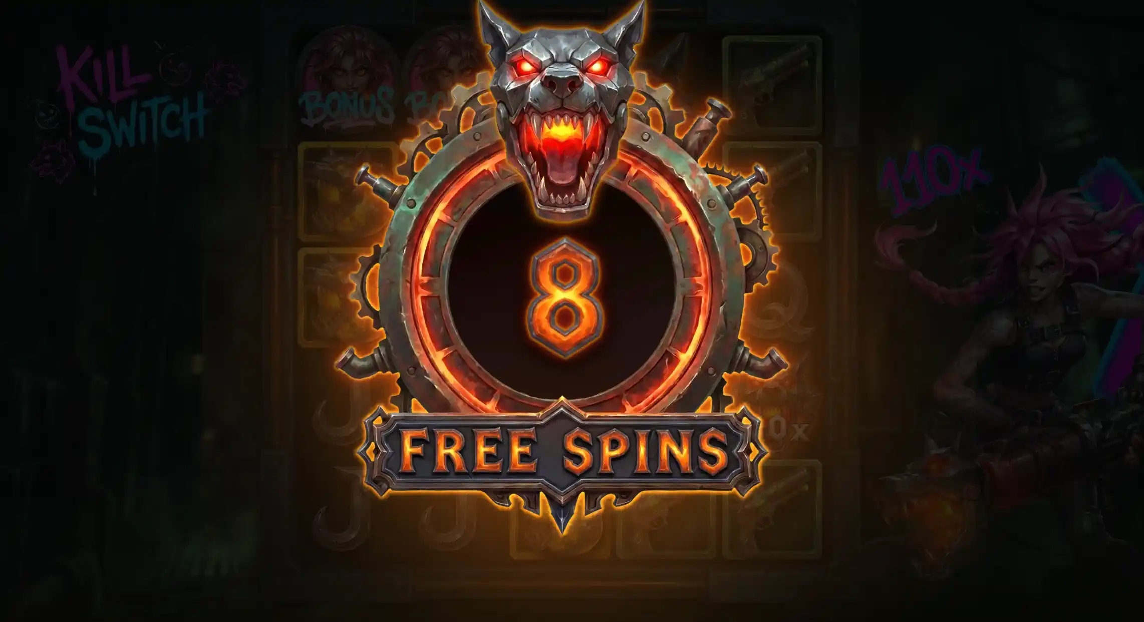 Kill Switch Free Spins overlay: wolf-head badge, round 8, 110x meter