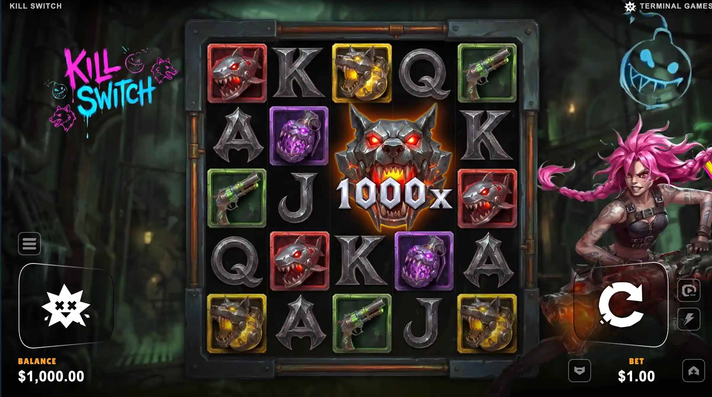 Kill Switch slot 5x5 with a 1000x wolf wild in the centre, pistols, bombs and the pink-haired fighter