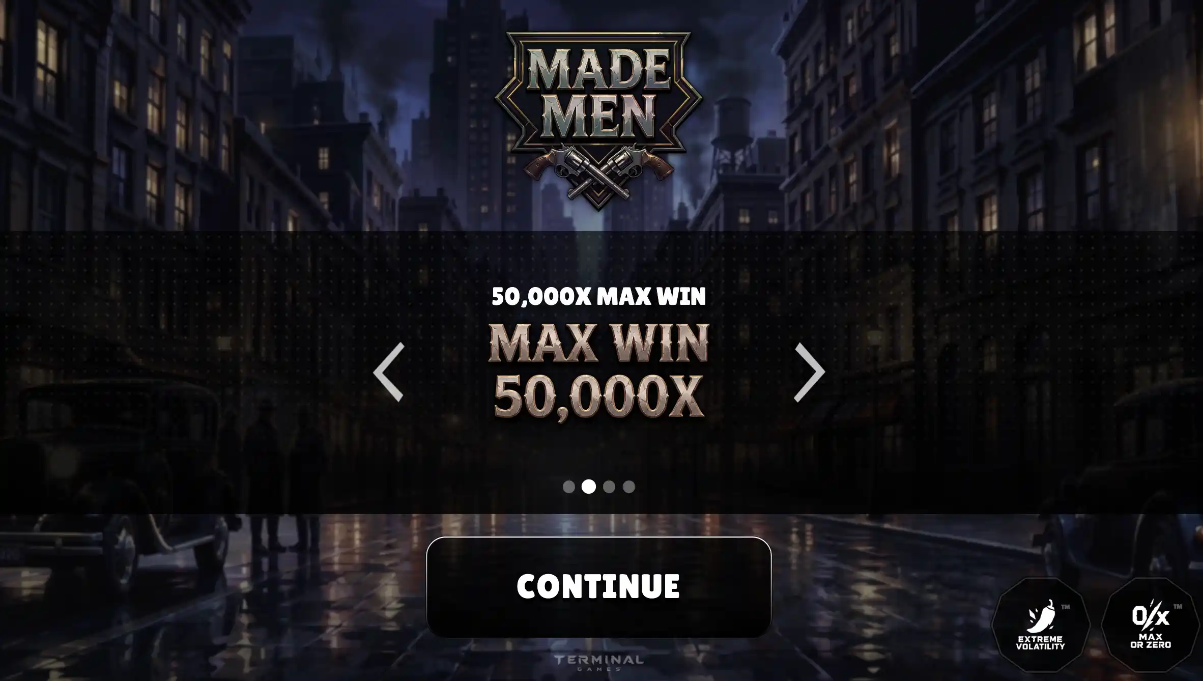 Made Men splash: crossed pistols logo, 50,000x max win, wet night street