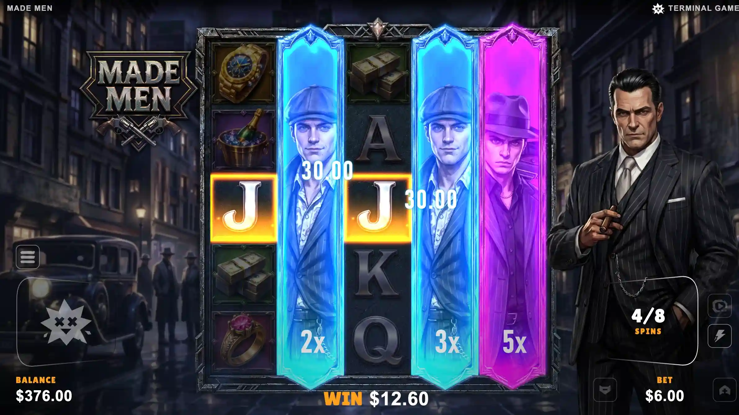 Made Men bonus 4 of 8 with 2x, 3x and 5x collector portraits on three reels