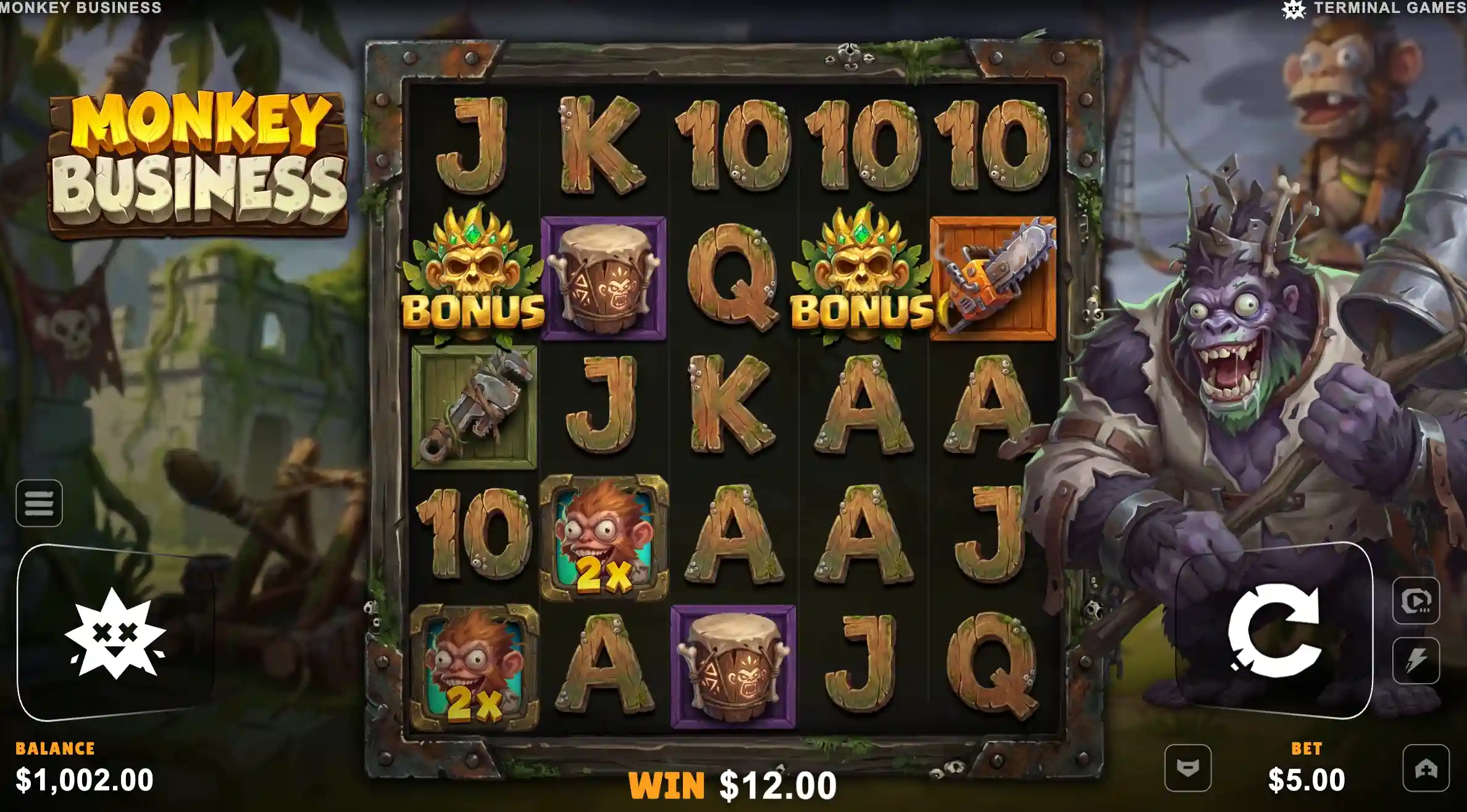 Monkey Business slot with two gold bonus skulls, 2x chimps, drums and a chainsaw on the timber 5x5
