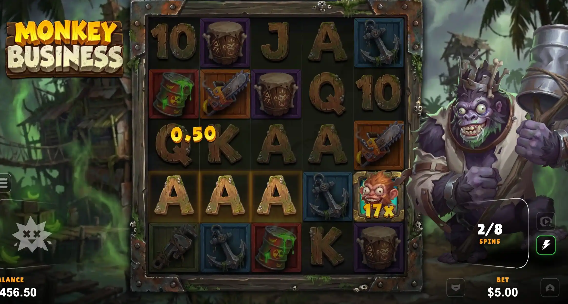 Monkey Business Super Bonus 2 of 8 with a 17x chimp still at 1x1 on the jungle grid
