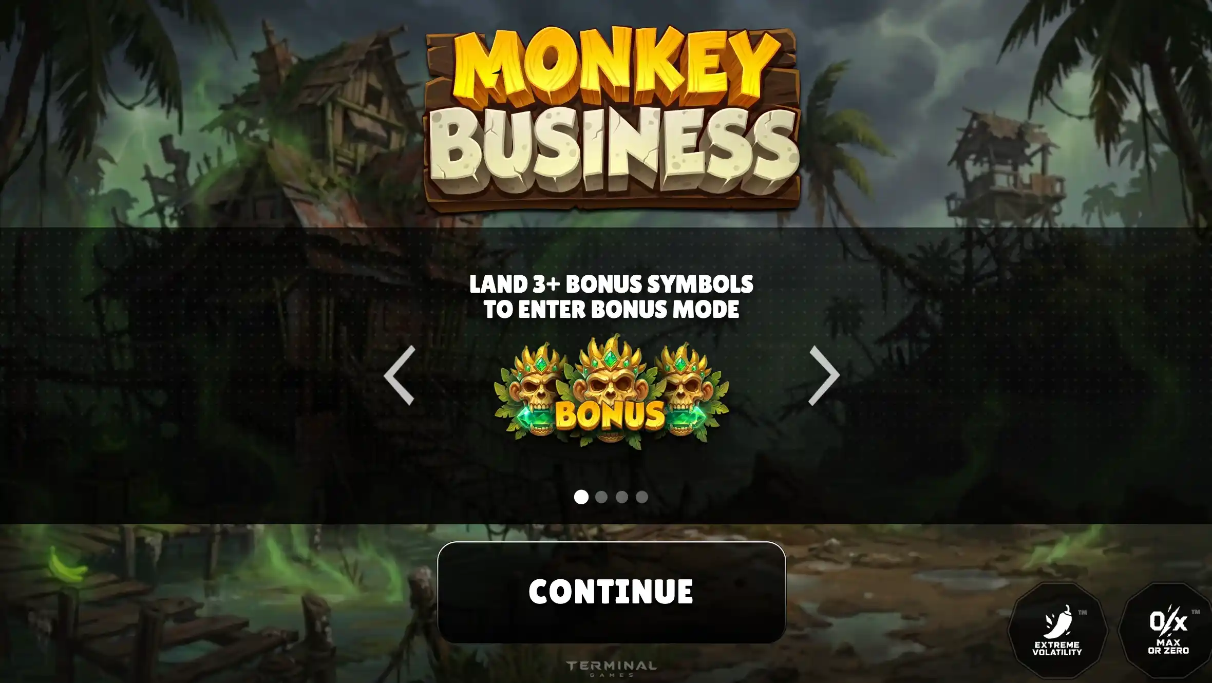 Monkey Business splash: jungle title, three gold bonus skulls, Max or Zero badge