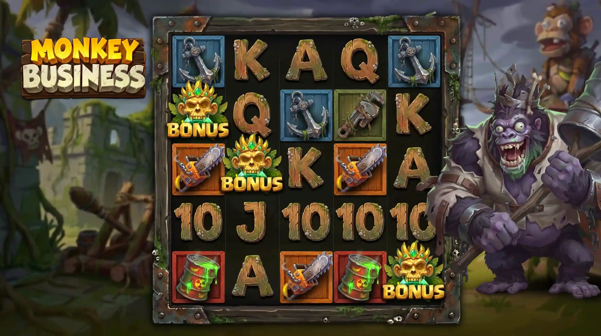 Monkey Business 5x5 with three gold bonus skulls, drums, a chainsaw and the king gorilla host