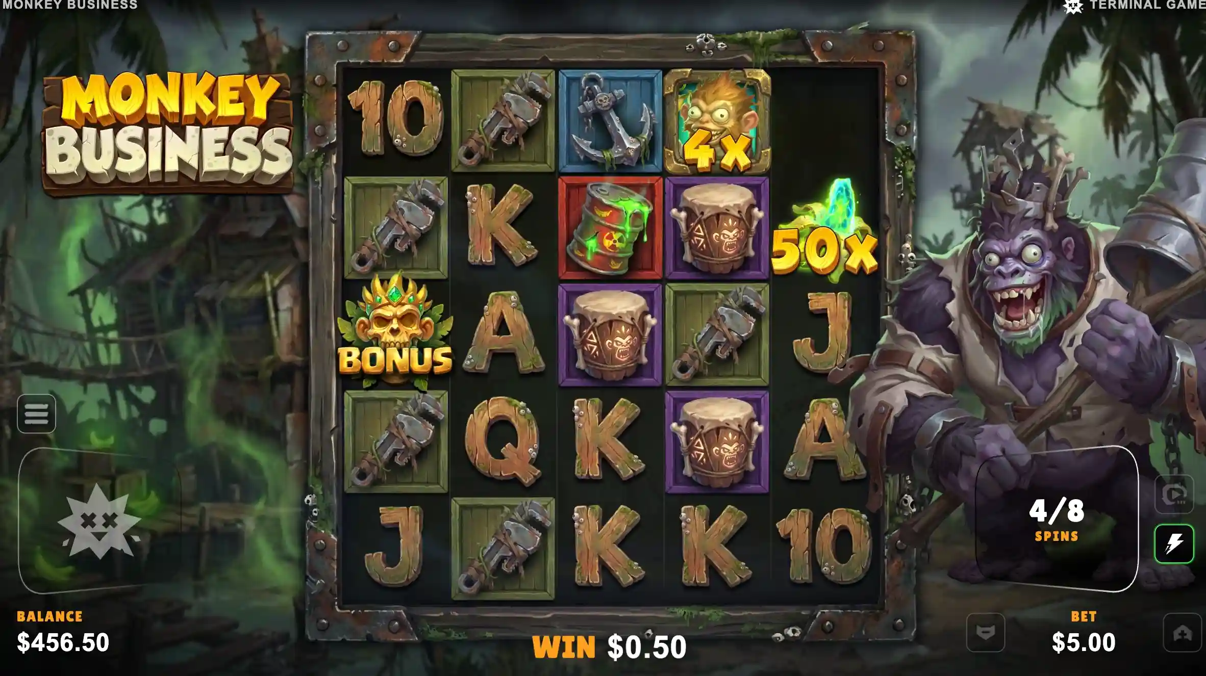Monkey Business bonus 4 of 8 with a 50x ape, 4x monkey and a bonus skull