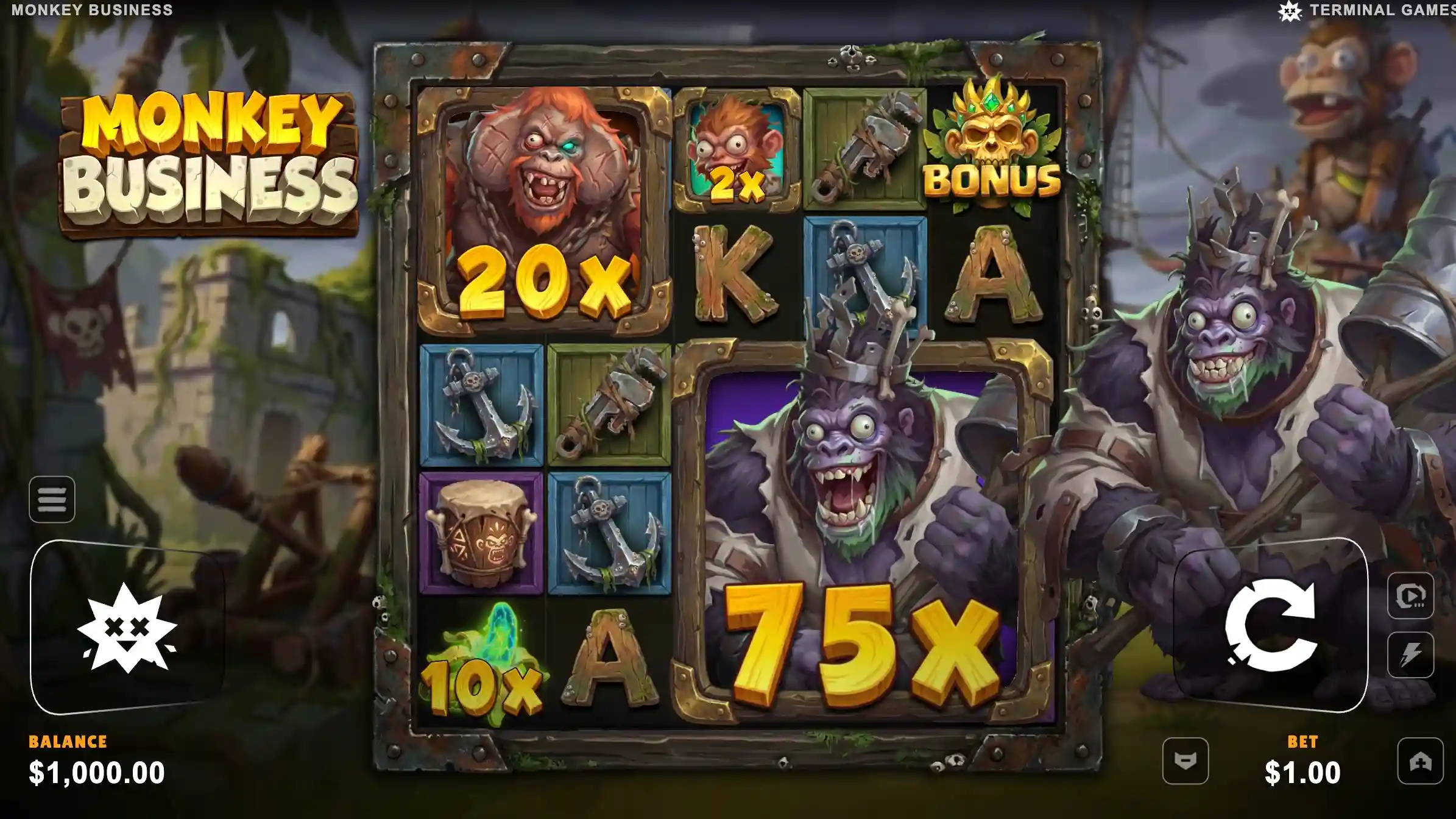 Monkey Business slot 5x5 jungle grid with a 75x king gorilla, 20x orangutan, 10x ape and a bonus skull