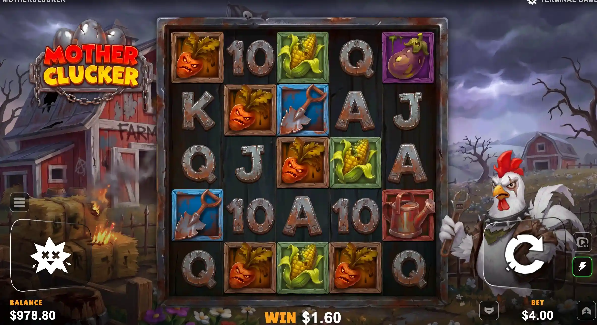 Motherclucker slot winning spin with angry carrots, corn, eggplant and a spade on the farm-punk 5x5