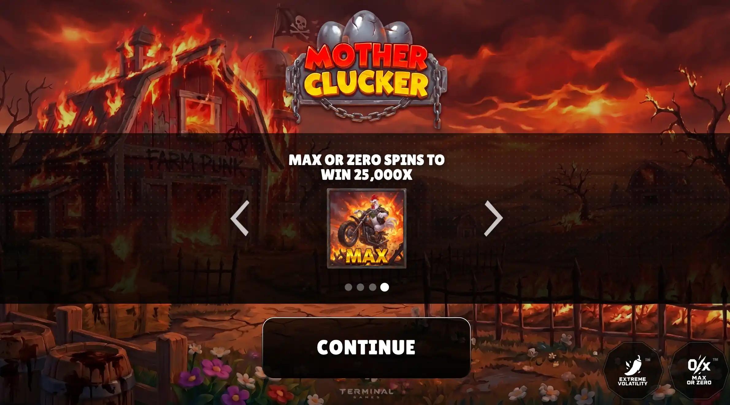 Motherclucker Max or Zero splash: burning barn, 25,000x cap and a motorcycle badge