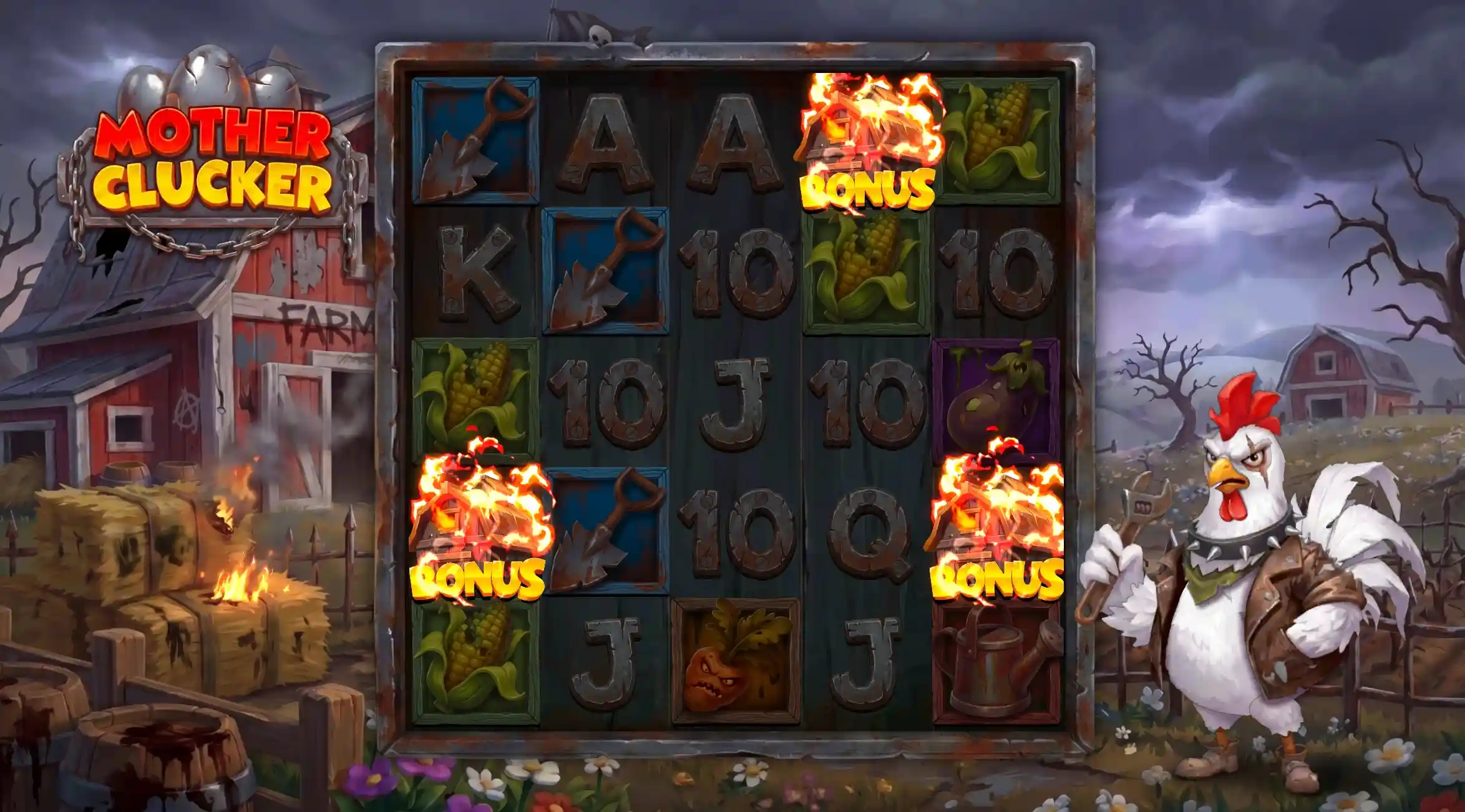 Motherclucker 5x5 with three flaming bonus symbols, corn, a spade and the rooster host