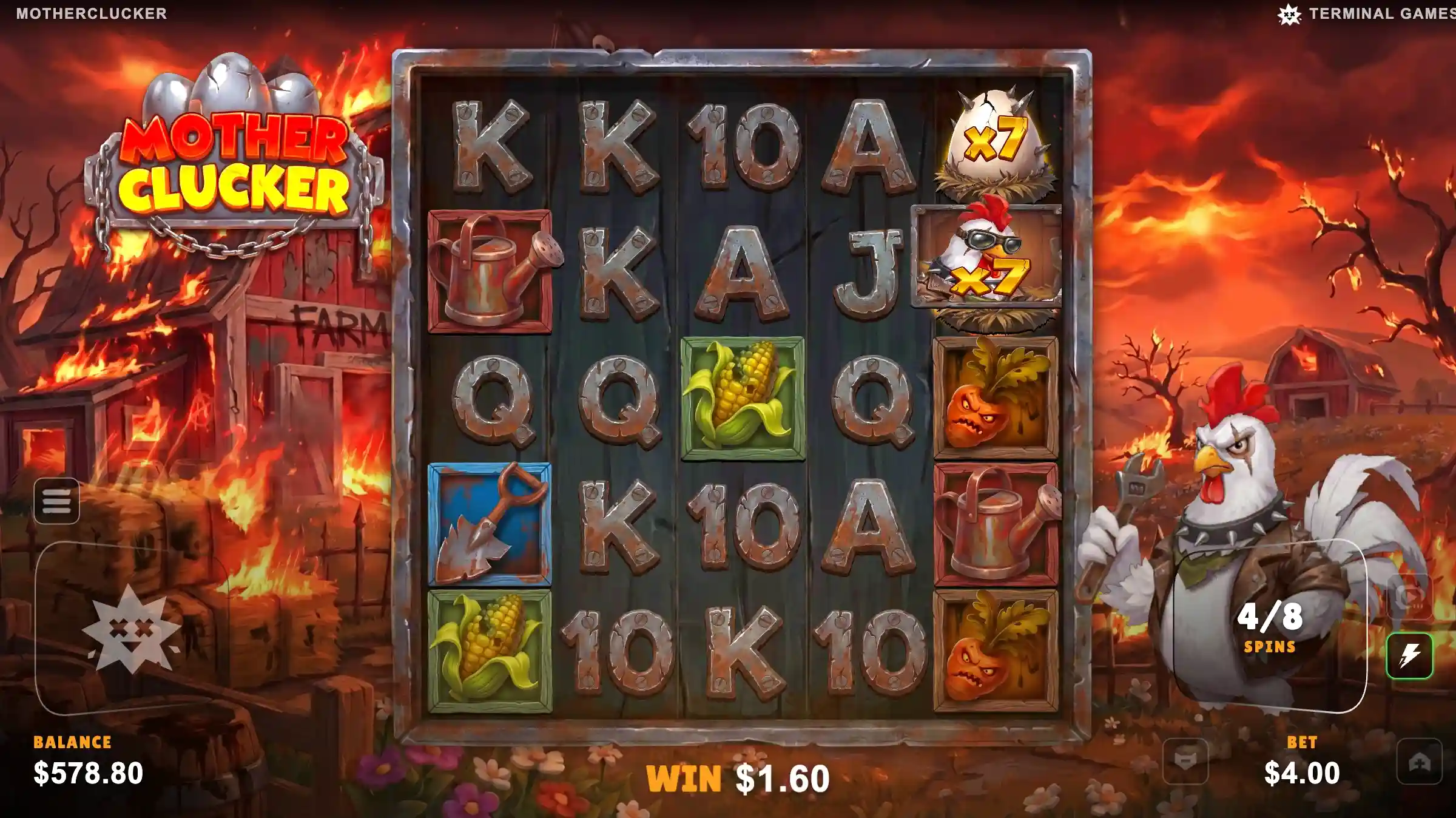 Motherclucker bonus 4 of 8 with stacked x7 chicken wilds on a burning farm 5x5