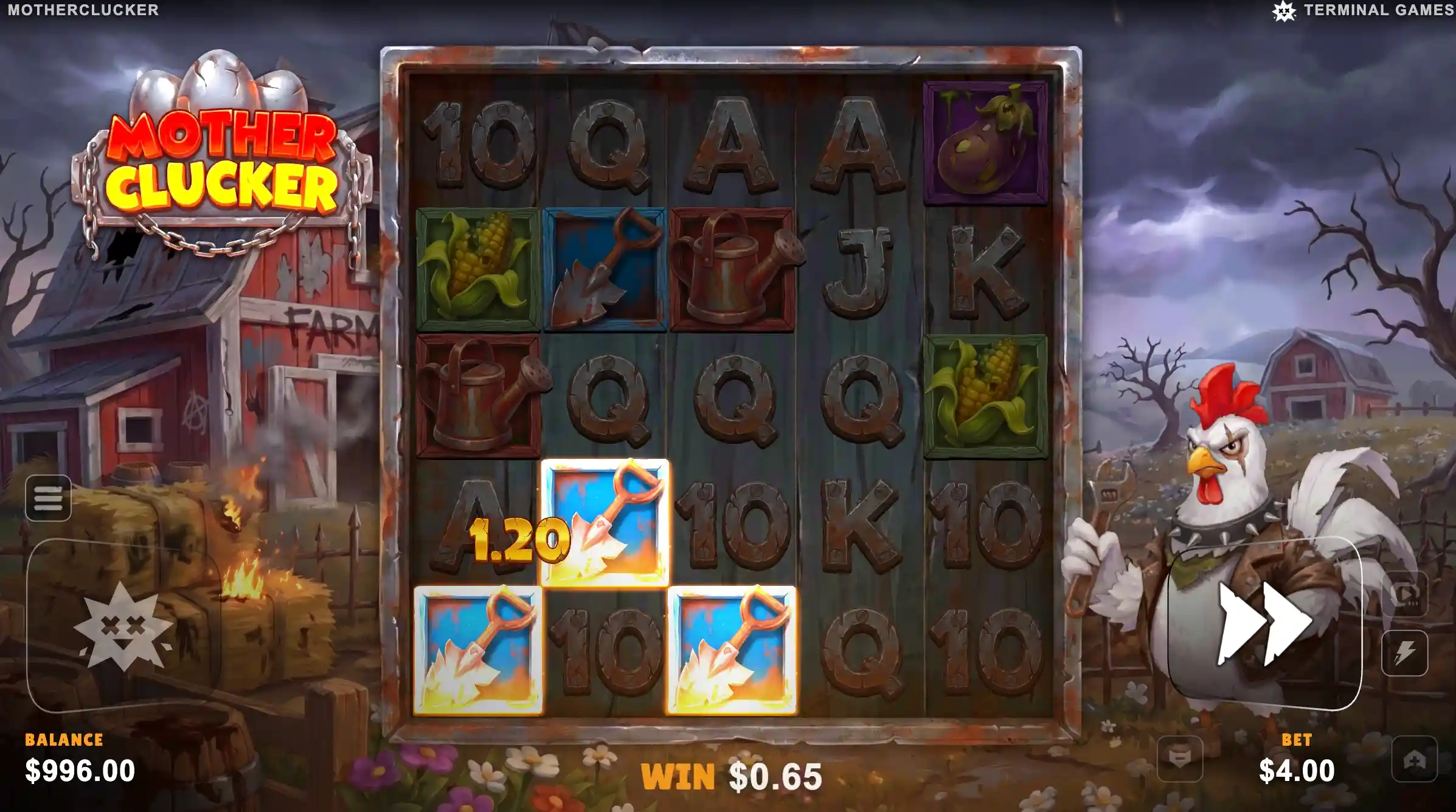 Motherclucker slot 5x5 farm grid with watering cans, corn, royals and the goggled rooster host