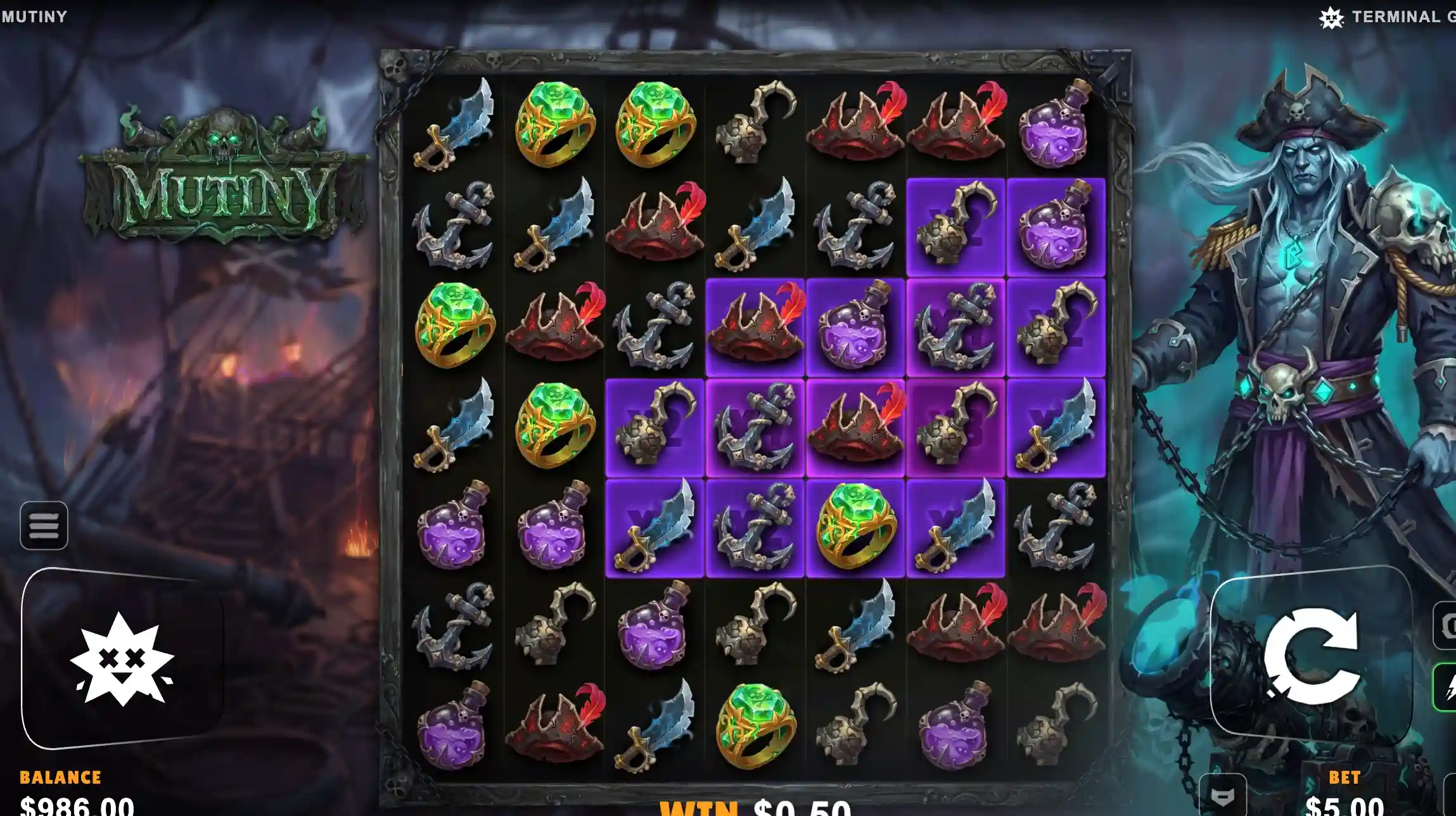 Mutiny slot potion cluster highlighted across the centre of the 7x7 pirate grid