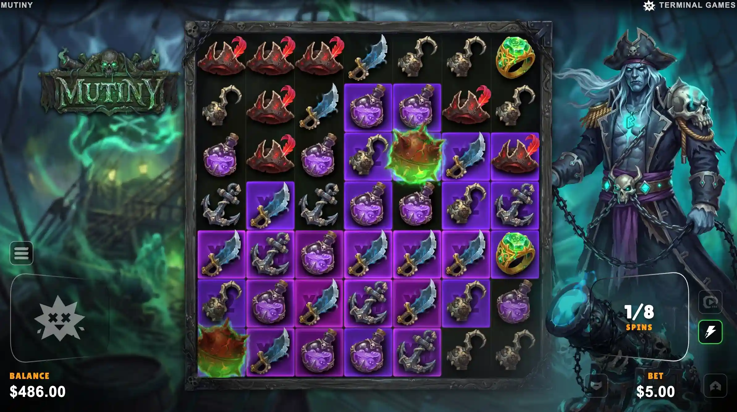 Mutiny Super Spins 1 of 8 with a green mine burst on a purple potion cluster