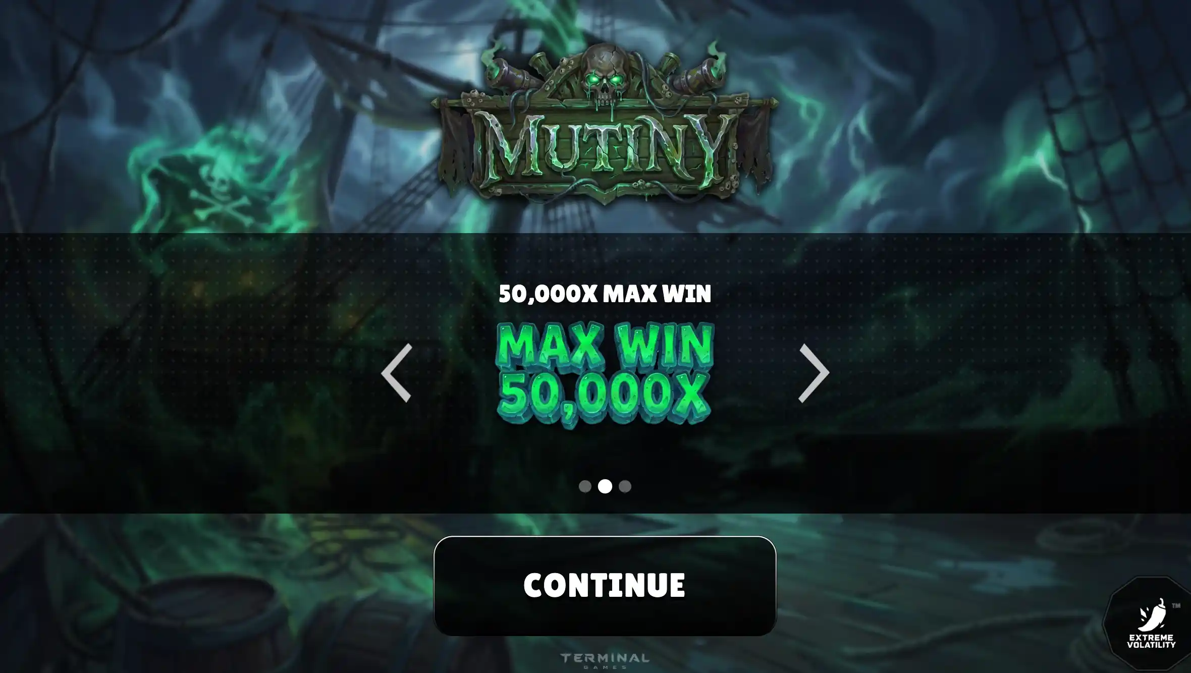 Mutiny splash: ghost-ship title over green fog, 50,000x max-win badge