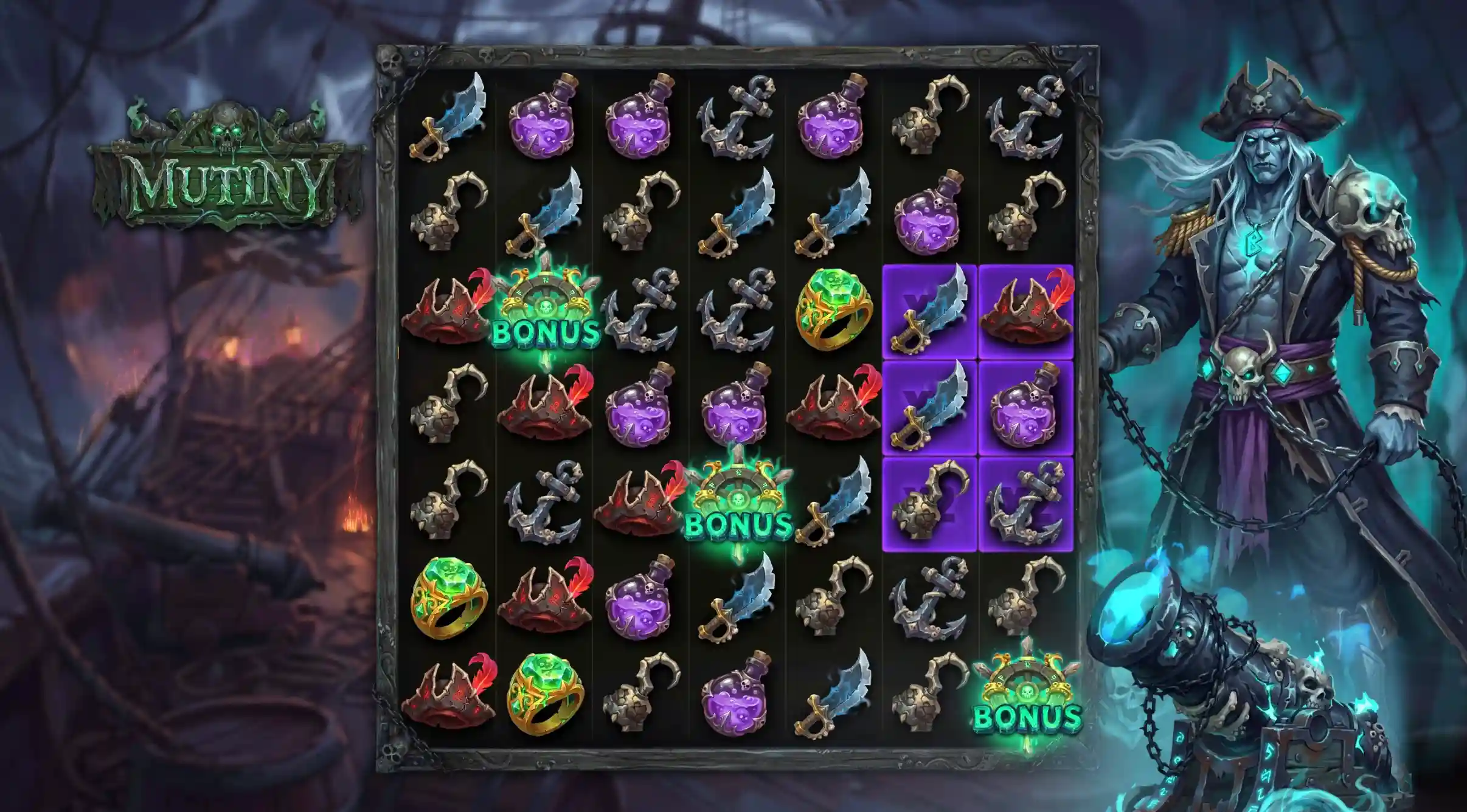 Mutiny 7x7 with three bonus mines, a highlighted sword cluster and the ghost captain