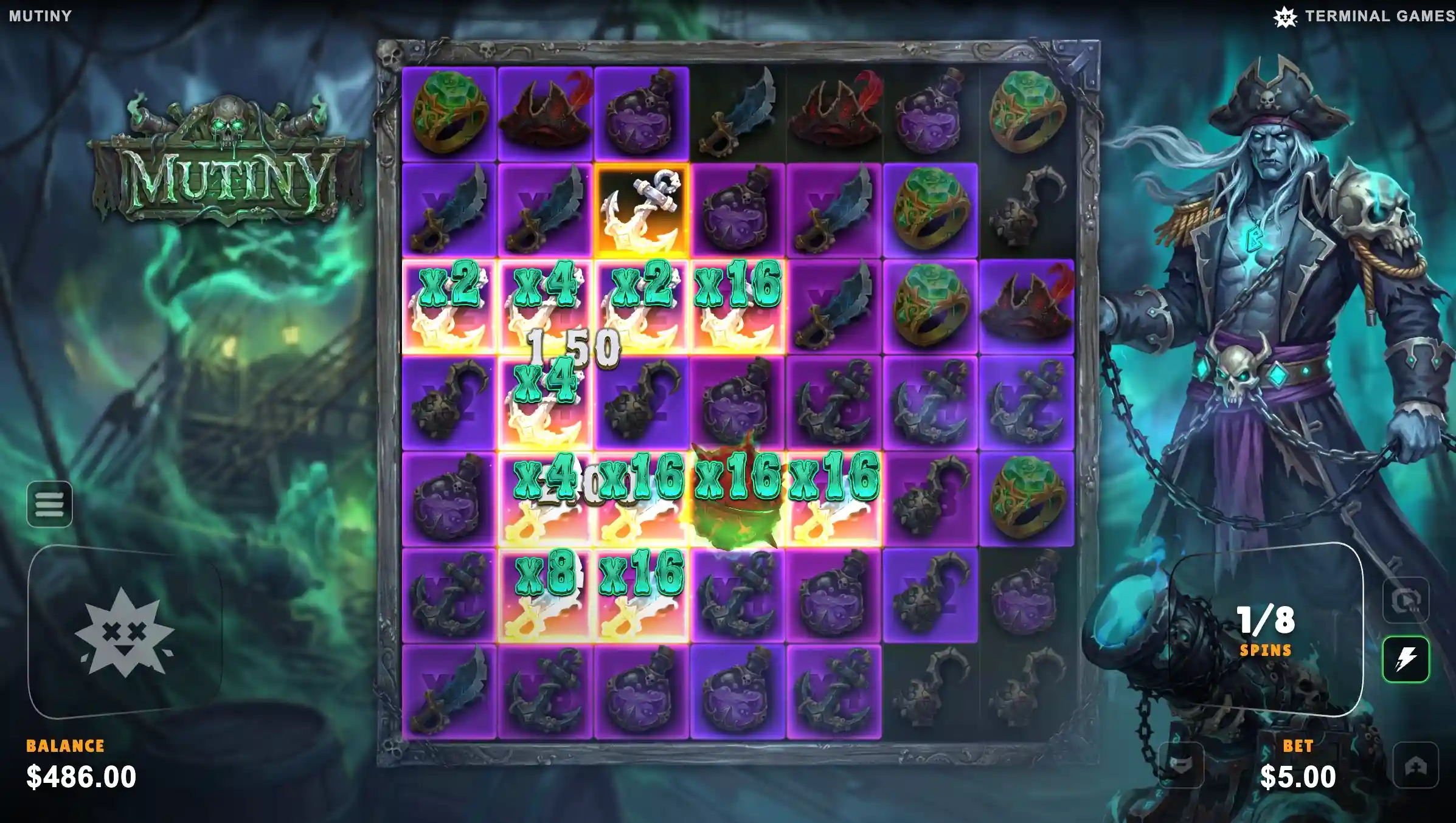 Mutiny Super Spins 1 of 8 with stacked position multipliers from 2x to 16x