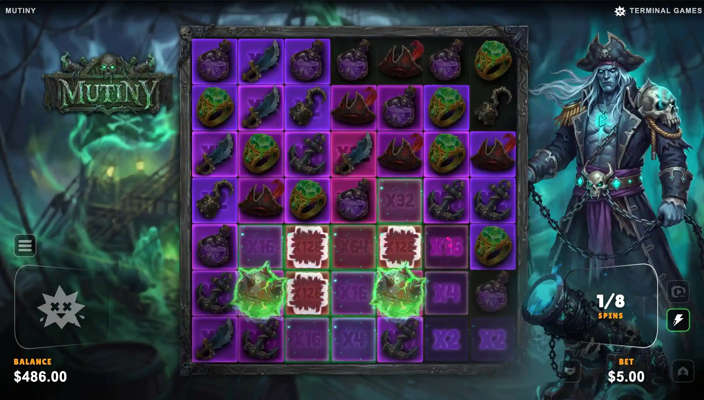 Mutiny Super Spins with x32, x64 and x16 position multipliers on purple locked cells