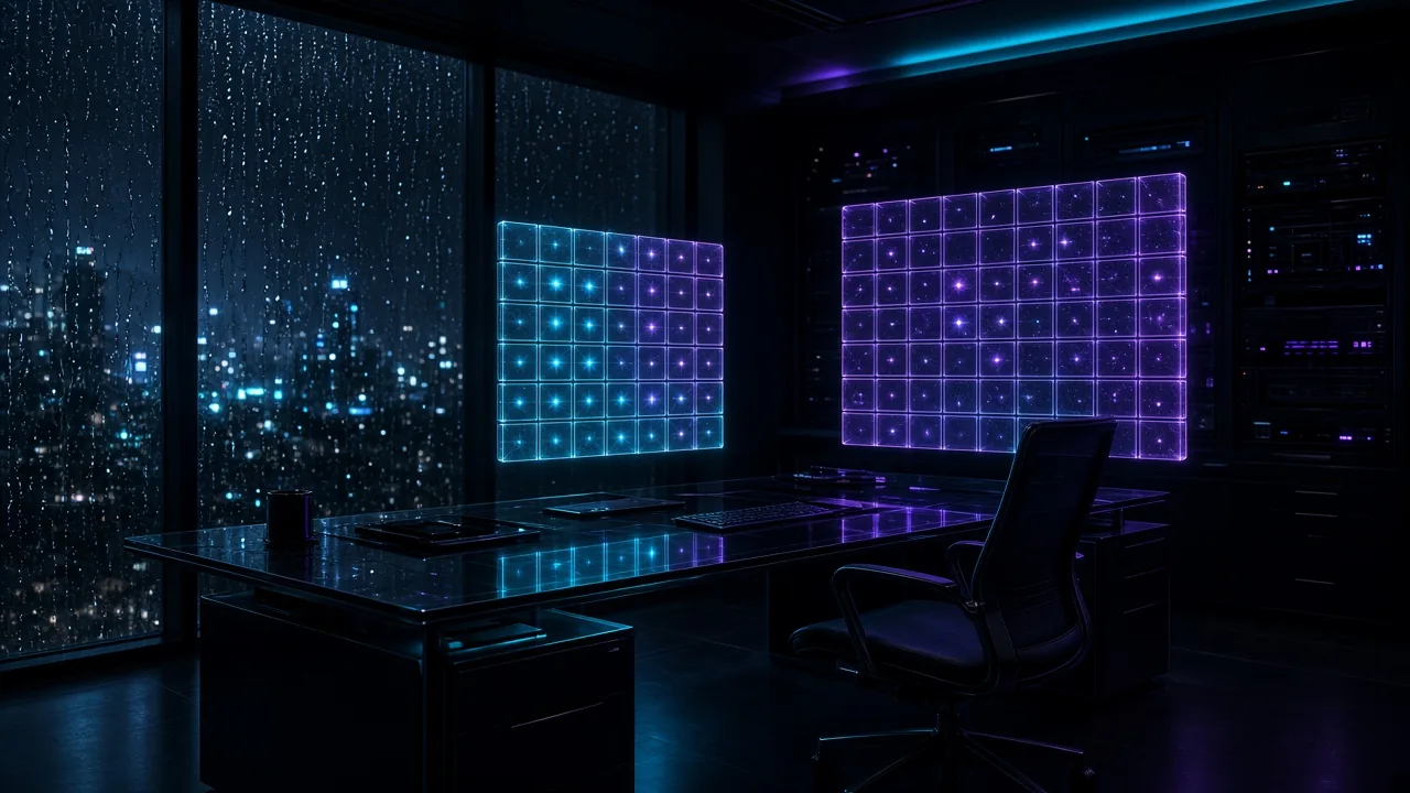 Night studio control room with cyan and violet holographic reel grids