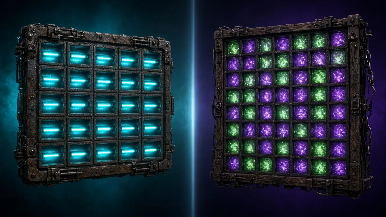 Split still of a cyan 5x5 payline grid beside a green-violet 7x7 cluster grid
