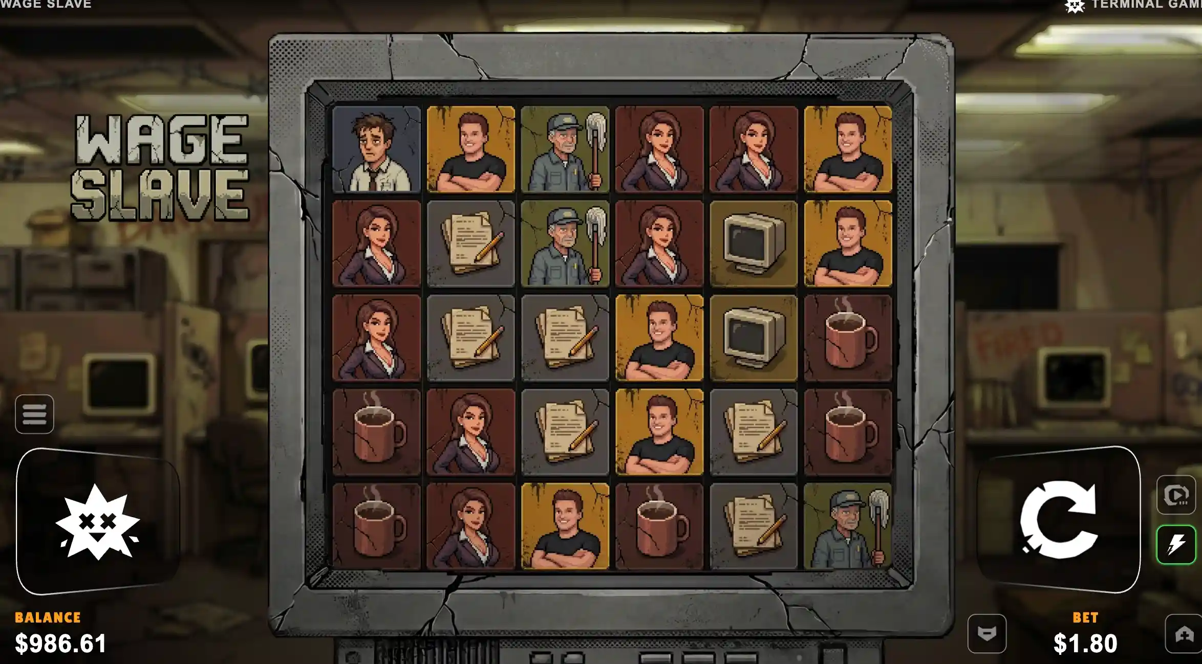 Wage Slave slot office cluster of managers, janitors, PCs and coffee on the cracked TV bezel