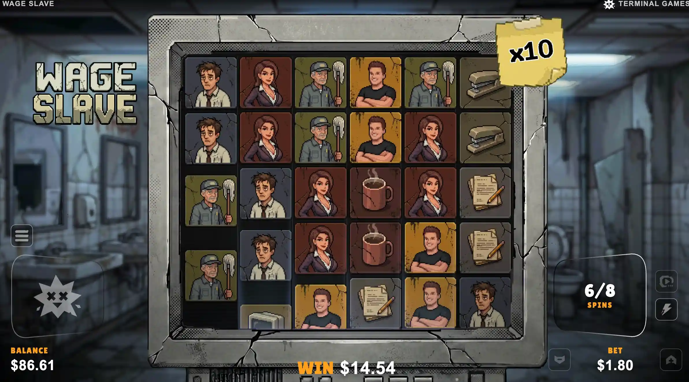 Wage Slave Super Spins 6 of 8 with a yellow x10 sticky multiplier in the corner of the CRT