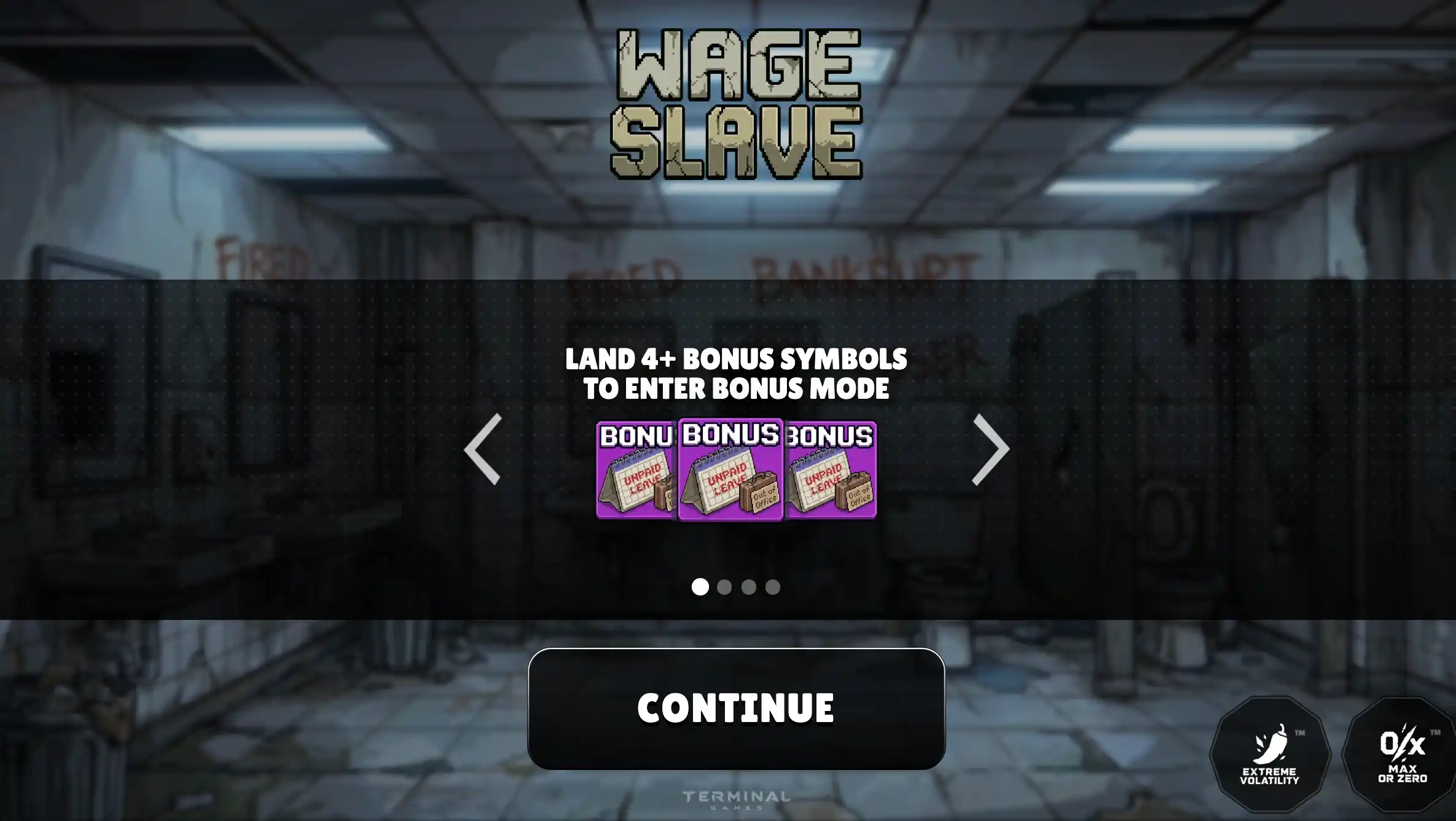 Wage Slave splash: office toilets, four bonus clipboards, Max or Zero badge