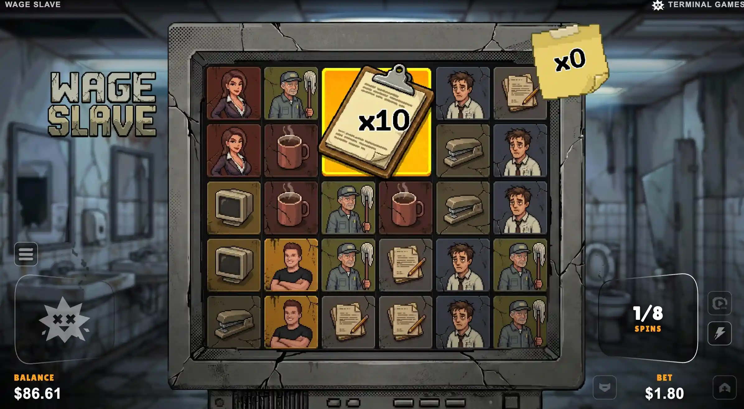 Wage Slave Super Spins 1 of 8 with a clipboard wild at x10 and a sticky x0 note