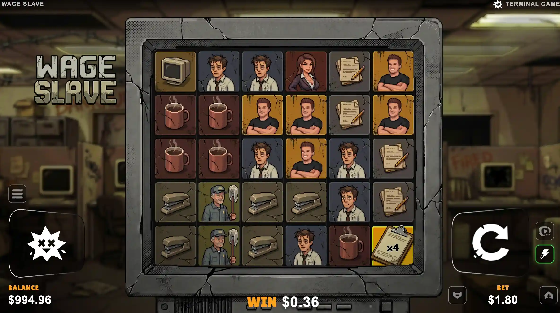 Wage Slave slot 6x5 CRT grid with coffee, workers, paper, stapler, janitor and a clipboard wild at x4